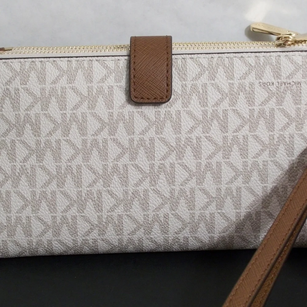 Michael Kors Signature Smartphone Wallet  In White Logo Canvas Print Wristlet